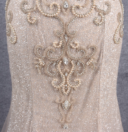 Luxurious Champagne Gold Mermaid Off-the-shoulder Beaded Tulle Long Prom Dress Evening Dress P4565