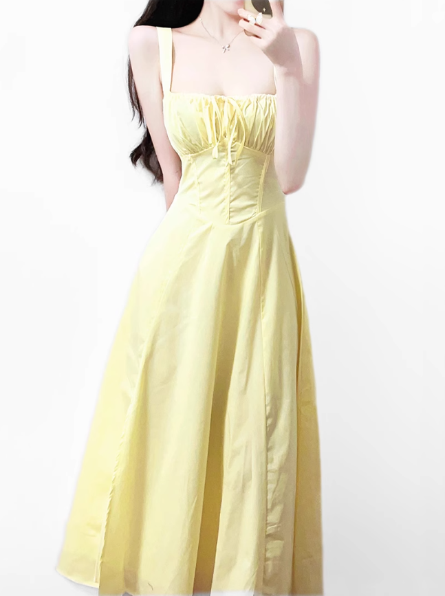 2025 Summer New Yellow Slit Sexy Waist Drawstring Holiday Suspender Dress R0938