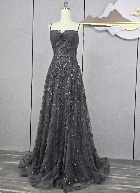 Elegant Dark Grey A-line Spaghetti Strap Sequin Tulle Long Prom Dress Evening Dress P4566