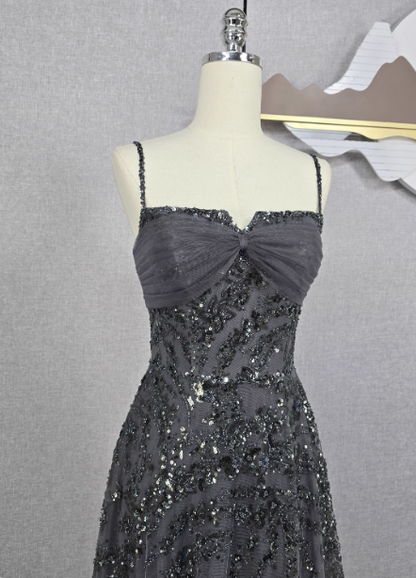 Elegant Dark Grey A-line Spaghetti Strap Sequin Tulle Long Prom Dress Evening Dress P4566
