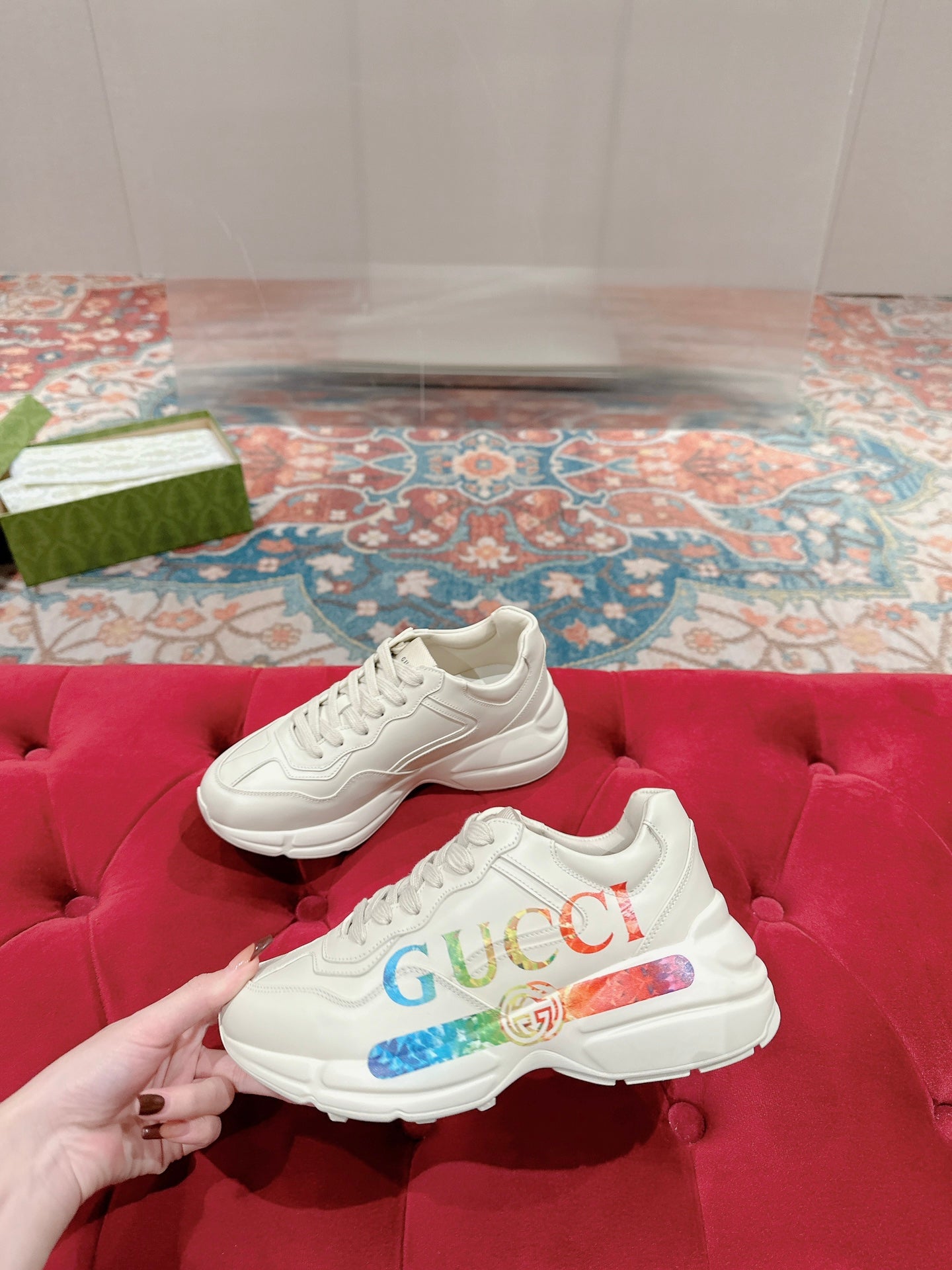 GG RHYTON TRAINER WHITE CALFSKIN WITH MULTI PATTERNS