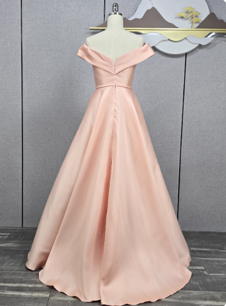 Elegant Pink A-line Off-the-shoulder Satin Long Prom Dress Evening Dress Bridesmaid Dress P4567