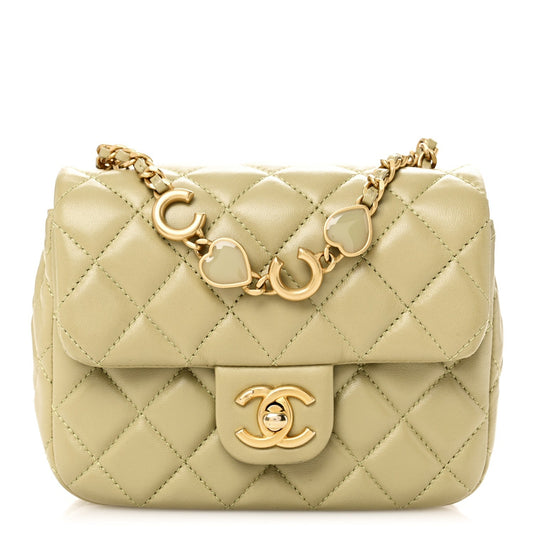 Lambskin Enamel Quilted Mini Coco Hearts Square Flap Light Green
