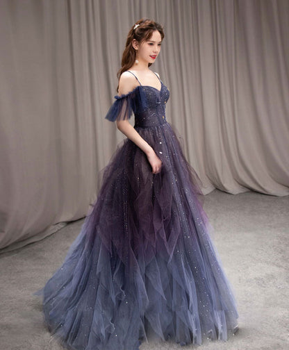 Beautiful Purple Tulle Beaded Sweetheart Long Party Dress, A-line Tulle Prom Dresses