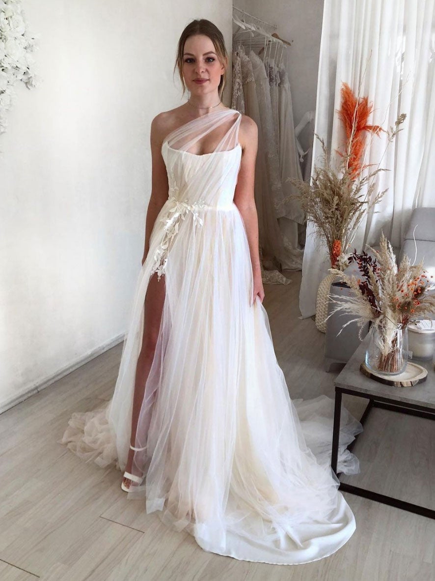 Light champagne one shoulder lace tulle long prom dress, champagne evening dress