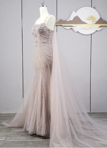 Gorgeous Light Lilac Spaghetti Strap Square Neck Rhinestone Tulle Train Prom Dress Evening Dress P4568