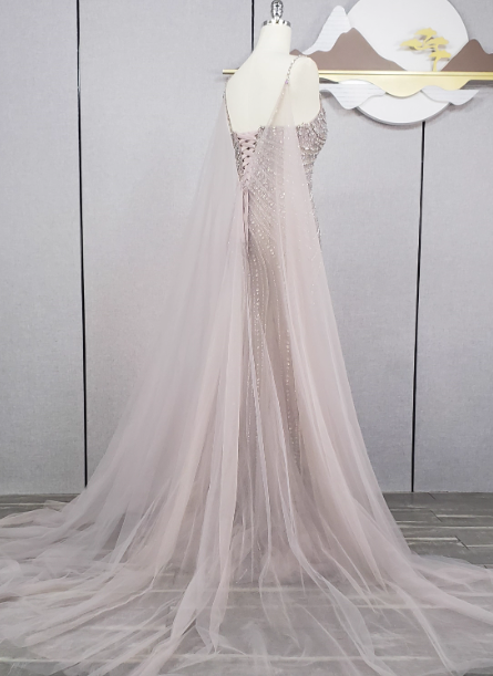 Gorgeous Light Lilac Spaghetti Strap Square Neck Rhinestone Tulle Train Prom Dress Evening Dress P4568