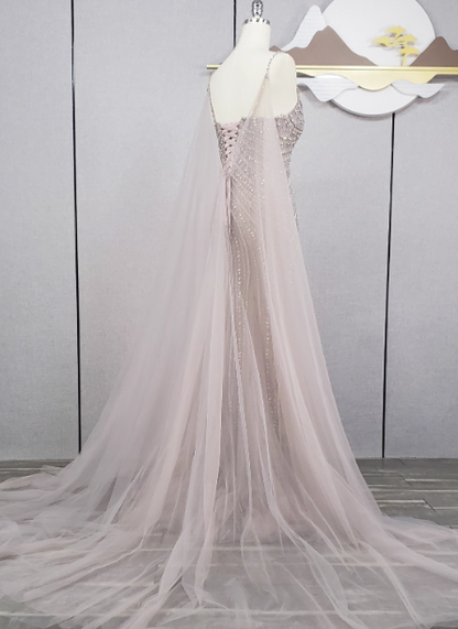 Gorgeous Light Lilac Spaghetti Strap Square Neck Rhinestone Tulle Train Prom Dress Evening Dress P4568