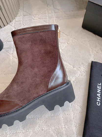 CC New Platform Ankle Boots Dark Burgundy Suede Glossy Sheepskin