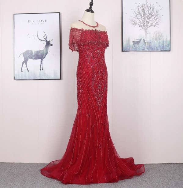 Bright Red Mermaid Crew Neck Beaded Tulle Train Prom Dress Evening Dress P4569