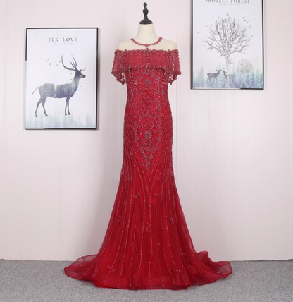 Bright Red Mermaid Crew Neck Beaded Tulle Train Prom Dress Evening Dress P4569