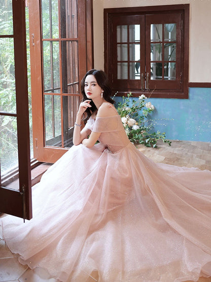 Pink off shoulder tulle long prom dress , pink tulle evening dress