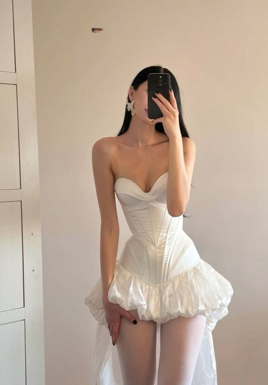 White simple A-line skirt with puffy hem homecoming dress R2431