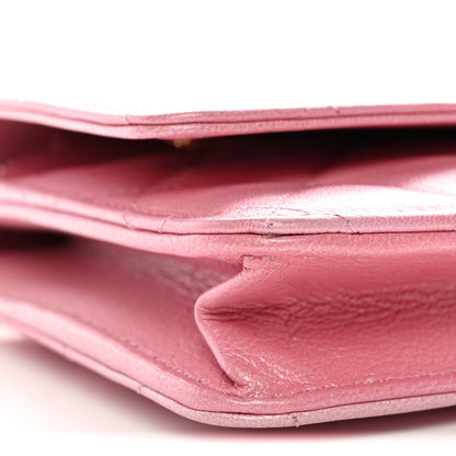 Iridescent Calfskin Quilted Wallet On Chain WOC Rose Pink