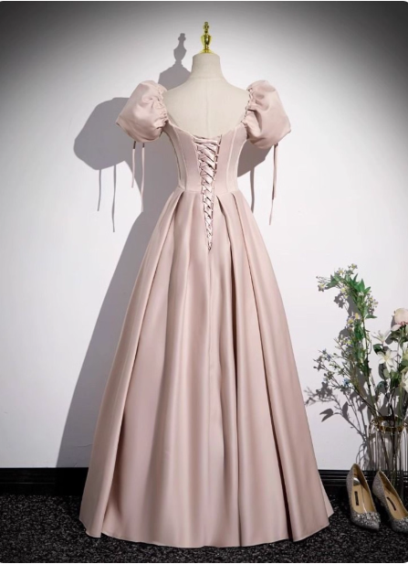 Sweet Pink A-line Square Neck Puff Sleeve Satin Long Prom Dress Evening Dress P4570