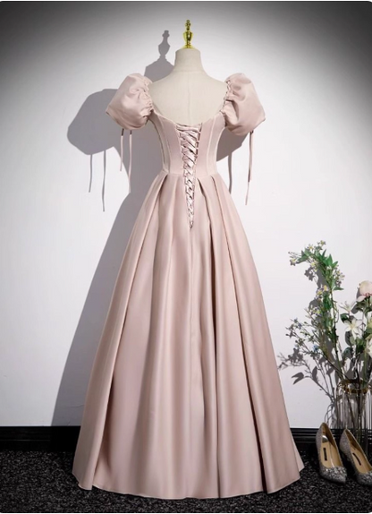 Sweet Pink A-line Square Neck Puff Sleeve Satin Long Prom Dress Evening Dress P4570