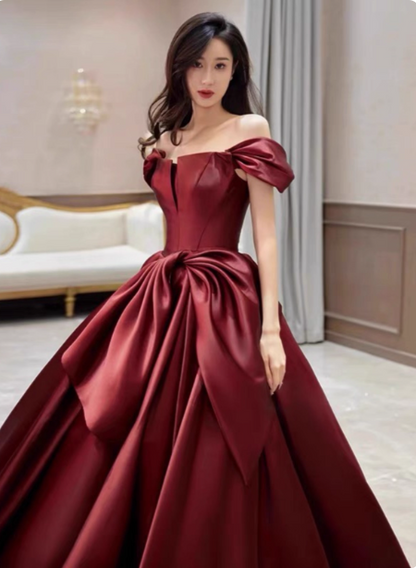 Elegant Burgundy A-line Off-the-shoulder Bow Satin Train Prom Dress Evening Dress P4571
