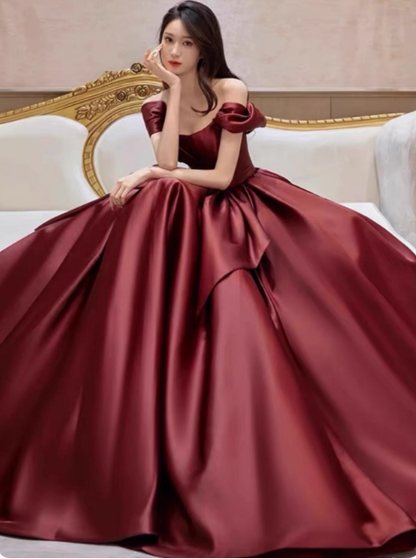 Elegant Burgundy A-line Off-the-shoulder Bow Satin Train Prom Dress Evening Dress P4571
