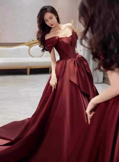 Elegant Burgundy A-line Off-the-shoulder Bow Satin Train Prom Dress Evening Dress P4571