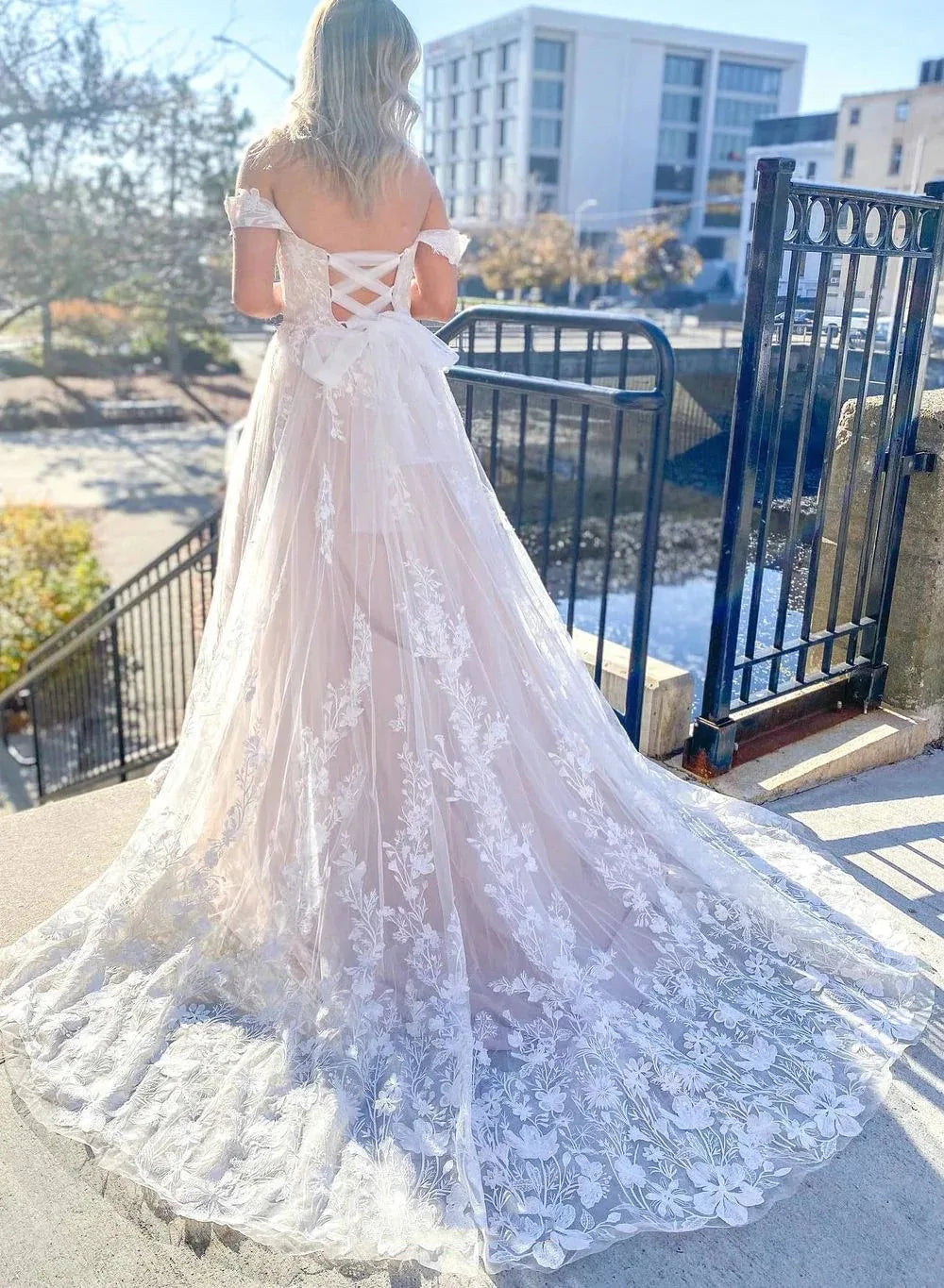 Illusion White Criss Cross Back Lace Wedding Dresses
