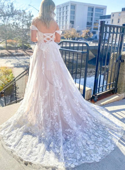 Illusion White Criss Cross Back Lace Wedding Dresses