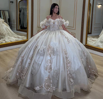 Elegant Sweetheart Sequins 3D Floral Applique Off-Shoulder Quinceanera Ball Gown TP5245