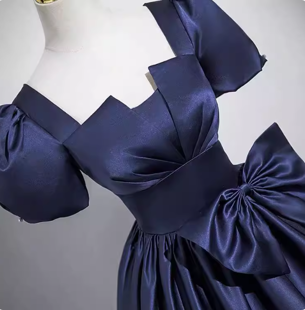 Elegant Navy Blue Square Neck Puff Sleeve Bow Satin Long Prom Dress Evening Dress P4572