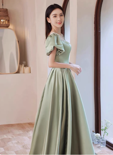 Elegant Green A-line Puff Sleeve Satin Long Prom Dress Evening Dress Bridesmaid DressP4574