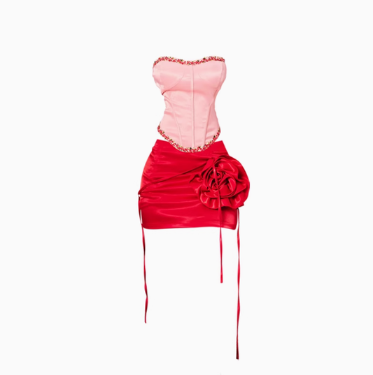 Embroidered tube top 2025 plus size design three-dimensional rose skirt suit R1248