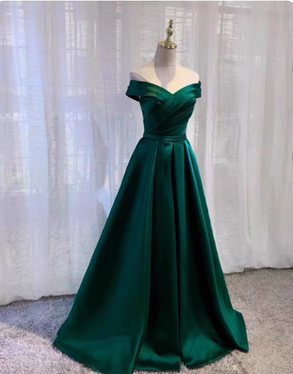 Vintage Emerald Green A-line Off-the-shoulder Satin Long Prom Dress Evening Dress P4575