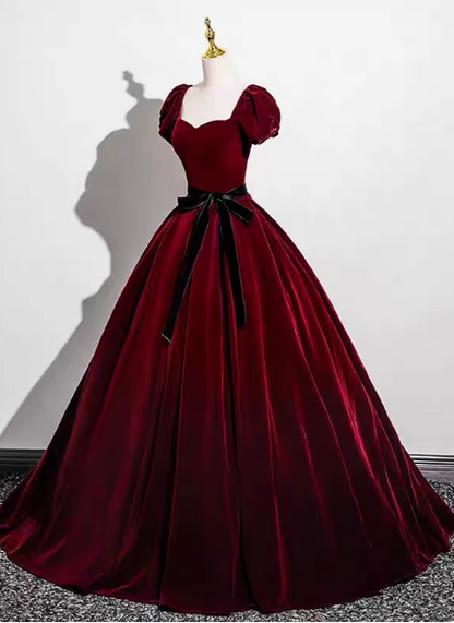 Vintage Burgundy A-line Puff Sleeve Velvet Long Prom Dress Evening Dress P4576
