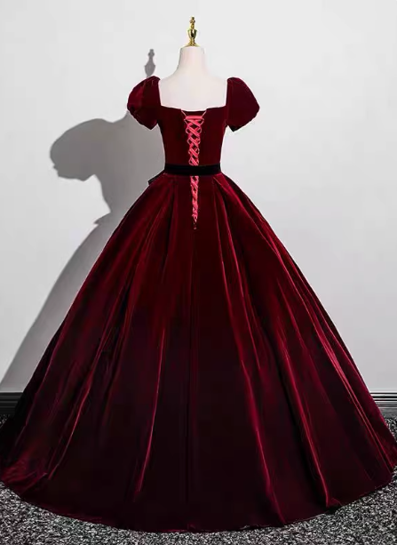 Vintage Burgundy A-line Puff Sleeve Velvet Long Prom Dress Evening Dress P4576