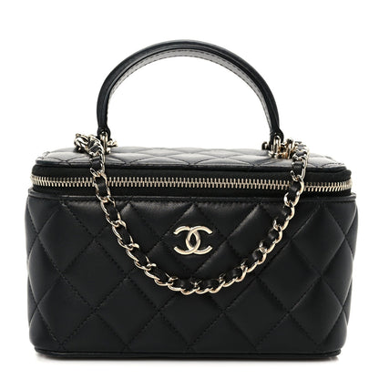 Lambskin Quilted Small Top Handle Vanity Case With Chain Black