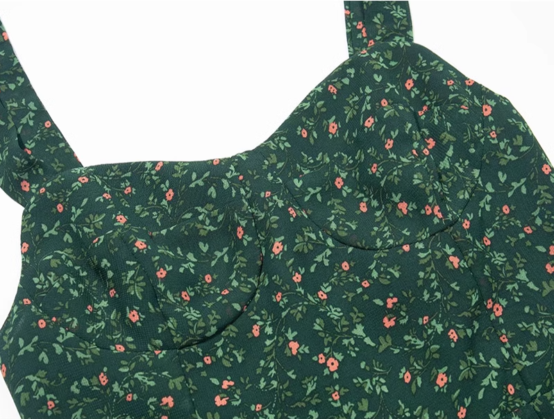 2025 Summer New Green Retro Platycodon Floral Waist Long Suspender Dress R0915