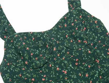 2025 Summer New Green Retro Platycodon Floral Waist Long Suspender Dress R0915
