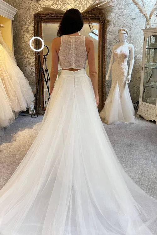 omberprom Elegant A-Line Two-Piece Beaded A-Line Long Wedding Dress