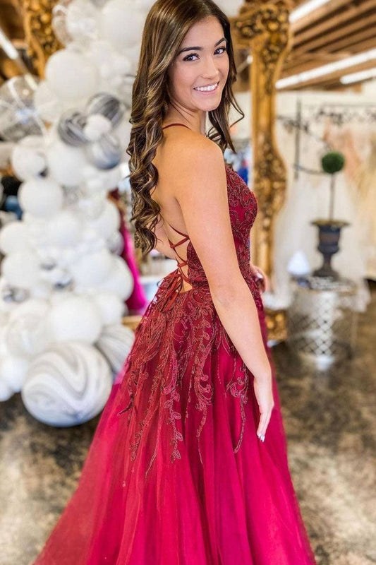 PM455, Burgundy v neck tulle lace long prom dress burgundy evening dress