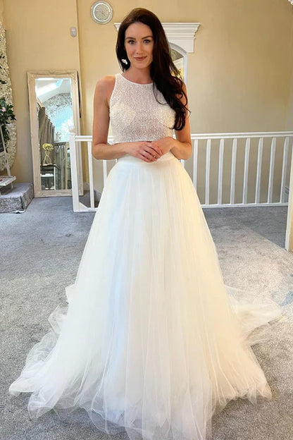 omberprom Elegant A-Line Two-Piece Beaded A-Line Long Wedding Dress