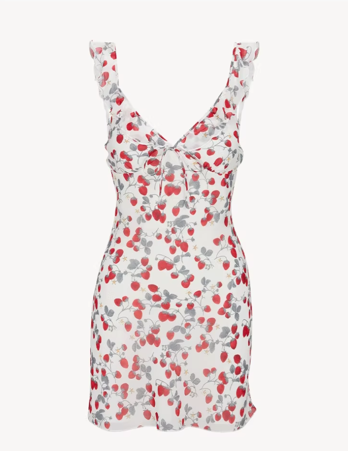 Dress Red Fruit Floral French V-neck Sleeveless Slim Fit Suspender Dress R2908