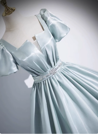 Elegant Light Cyan Square Neck Short Sleeve Satin Long Prom Dress Evening Dress P4581