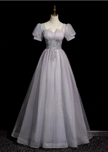 Dreamy Light Purple A-line Square Neck Short Sleeve Tulle Long Prom Dress Evening Dress P4582