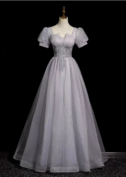 Dreamy Light Purple A-line Square Neck Short Sleeve Tulle Long Prom Dress Evening Dress P4582