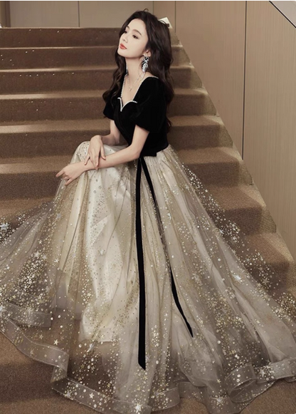 Elegant Black & Gold Panel Short Sleeve Velvet Tulle A-line Long Prom Dress Evening Dress P4584