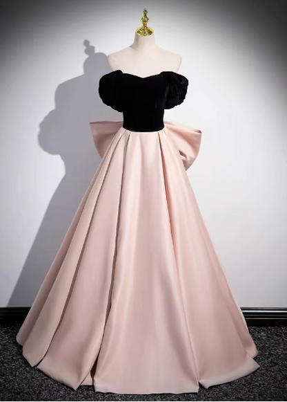 Princess Black & Pink Panel A-line Off-the-shoulder Bow Velvet Satin Long Prom Dress Evening Dress P4585