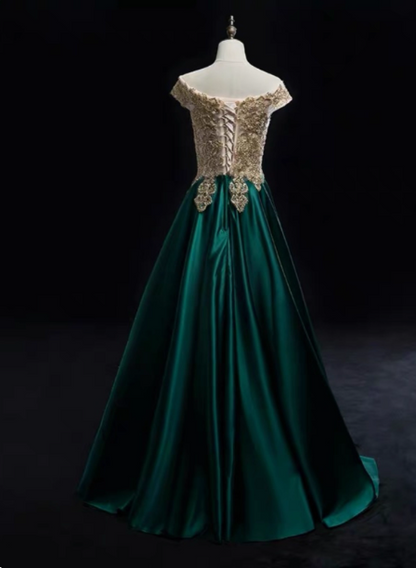 Vintage Emerald Green A-line Off-the-shoulder Lace Satin Long Prom Dress Evening Dress P4587