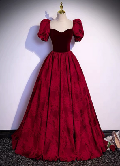Vintage Royal Burgundy A-line Puff Sleeve Velvet Satin Long Prom Dress Evening Dress P4589