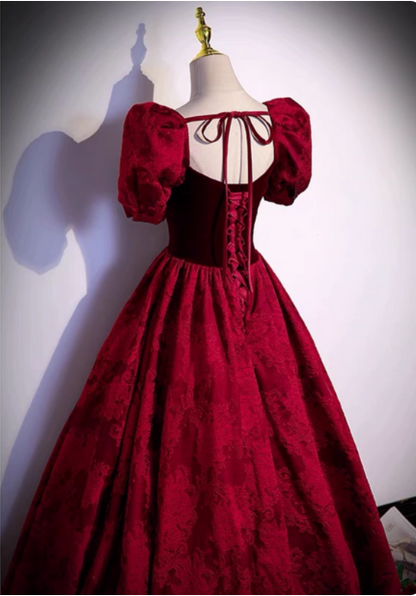 Vintage Royal Burgundy A-line Puff Sleeve Velvet Satin Long Prom Dress Evening Dress P4589