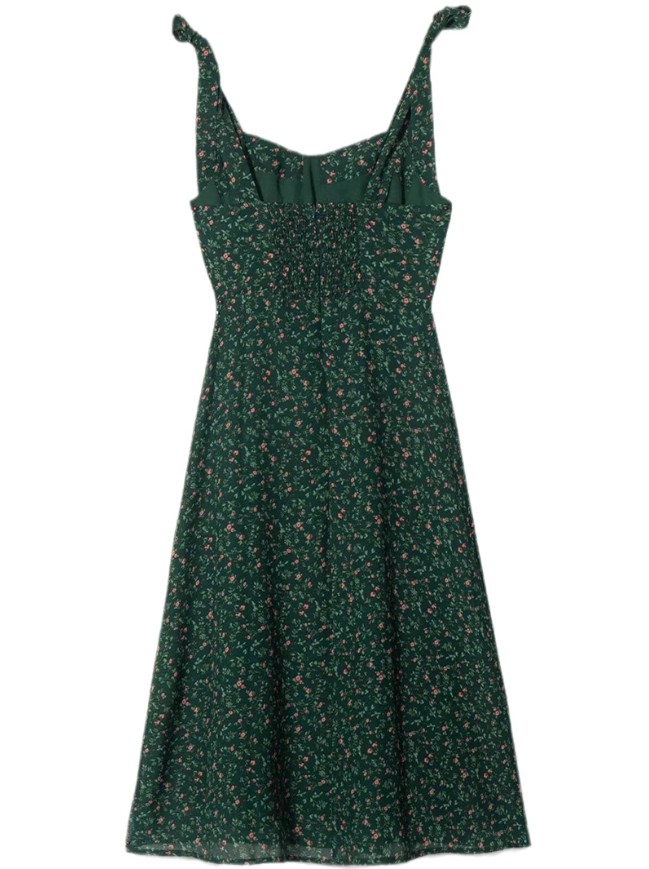 2025 Summer New Green Retro Platycodon Floral Waist Long Suspender Dress R0915