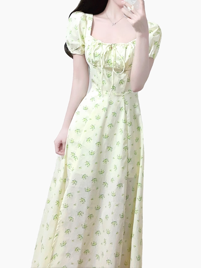 2025 Summer New French Square Neck Puff Sleeve Small Fresh Floral Long Dress R0958