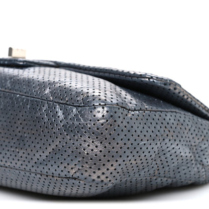 Metallic Crackled Calfskin Perforated Drill Flap Silver